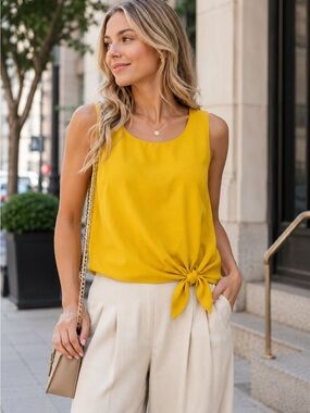Ophelia Roe Mustard Tie-Front Sleeveless Blouse | Small